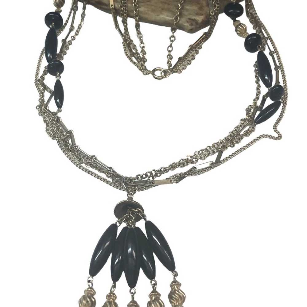 Multi Chain Black Beaded Tassel Necklace - image 4