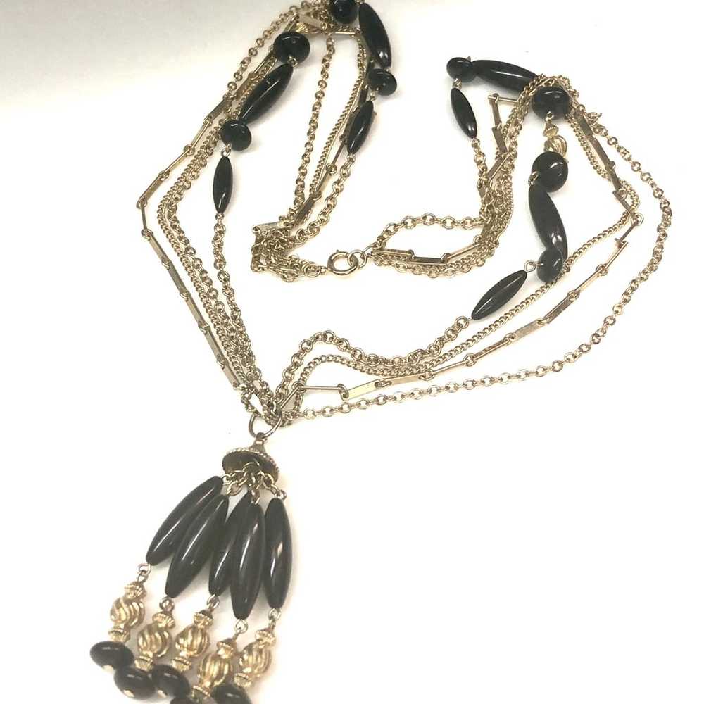 Multi Chain Black Beaded Tassel Necklace - image 5