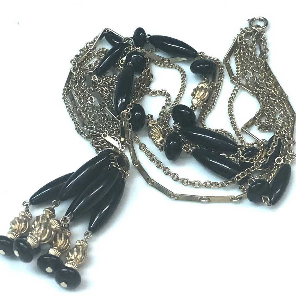 Multi Chain Black Beaded Tassel Necklace - image 6