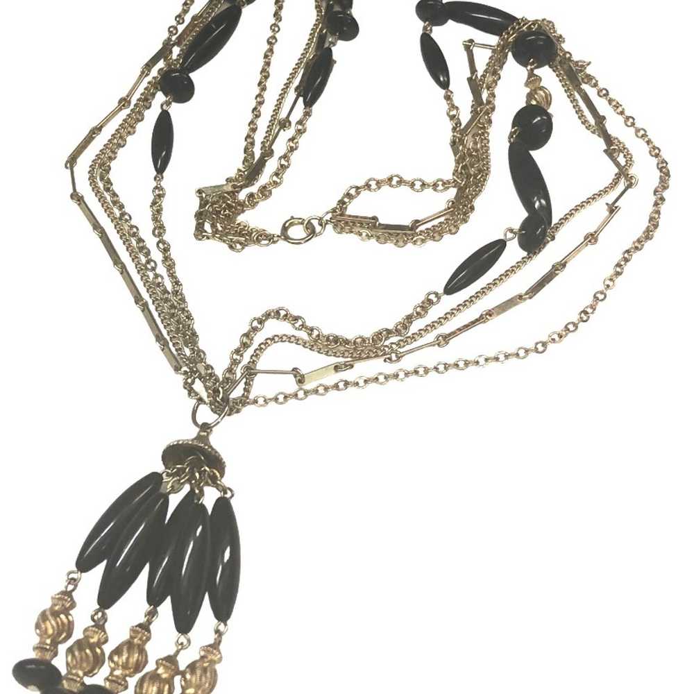 Multi Chain Black Beaded Tassel Necklace - image 7