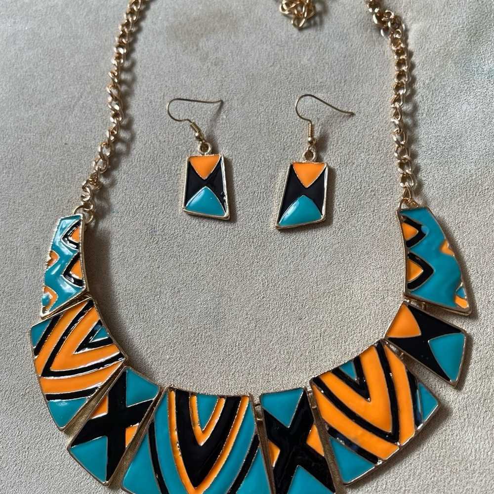 Vintage Turquoise and Orange with Black Accents E… - image 1