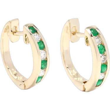 0.53ctw Diamond and Emerald Hoops, 14k Yellow Gold