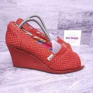 Toms Woven Canvas Peep Toe Wedge Red Women's sz 9.