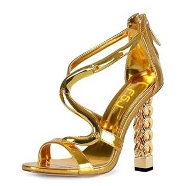 FSJ Women Flower Gold Metal Chain Chunky High Heel