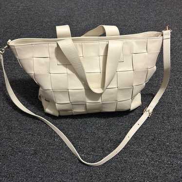 ANNA PAOLA Cream Leather Woven Tote Bag