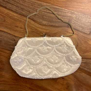 50s White Beaded, Satin Clutch