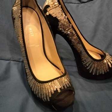 Nine West Shoes | Black with Gold Sequin Stiletto 