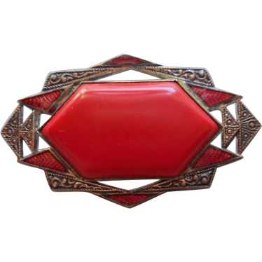 1920s Art Deco Red Enamel Celluloid Pin Antique