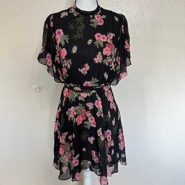 Zara Black Pink Floral Open Back Chiffon Mini Dres