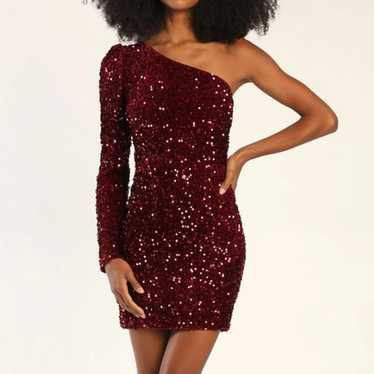 Burgundy Sequin One-Shoulder Mini Bodycon Dress