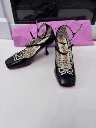 Gucci パール装飾 ブラック ハイヒール Gucci Glitter Heel Pearl Bee Black Velvet Ankle Platform