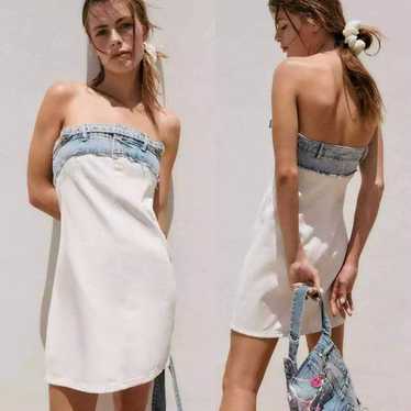 Zara White and Blue Denim Strapless Mini Dress