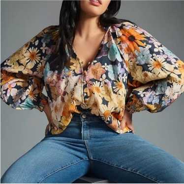 Anthropologie Maeve Moxy Linen Floral Top Anthropo