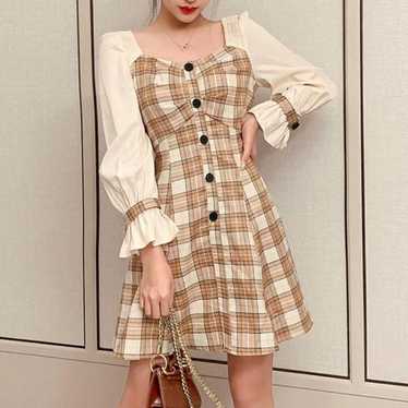 Korean Tan and Cream Plaid Dress