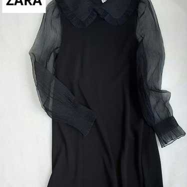 ZARA Mixed Material Sheer Puff Sleeve Dress Black 