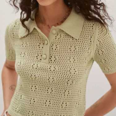 T Tahari Crochet Polo Sweater Top