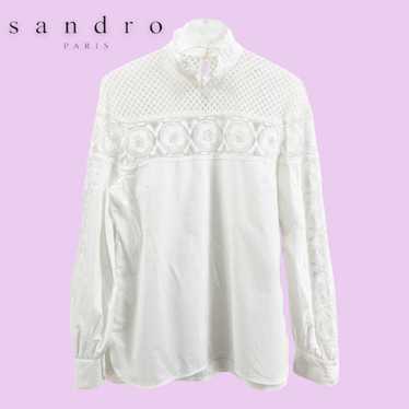 SANDRO White Mock Turtle Neck Long Sleeve Lace Blo