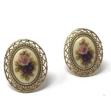 Romantic Floral Oval Enamel Earrings Gold-tone Cli