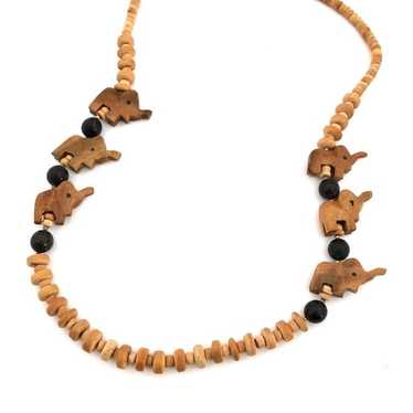 Vtg Elephant Carved Wood Bead Necklace