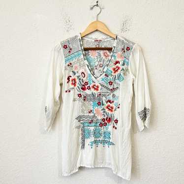 JOHNNY WAS Embroidered Tunic Top White Floral Bohe