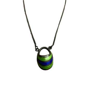 Art Deco Blue and Green Enamel Necklace Sterling D