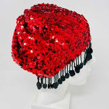 Vintage 80s Red Sequin Beaded Fringe Cloche Hat