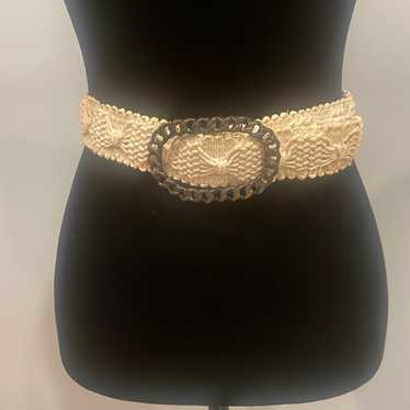 Cream fabric belt with metallic buckle embossed pa