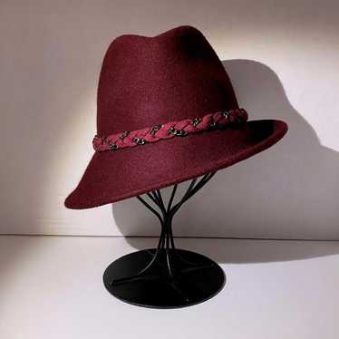 Scala Burgundy Wool Felt Fedora Asymmetrical Brim 