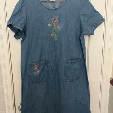 Vintage Denim Floral Embroidered Dress