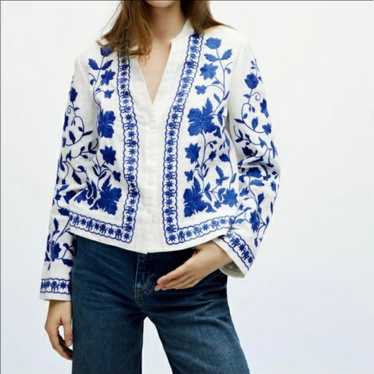 Zara Embroidered Linen Blend Overshirt Blue and Wh