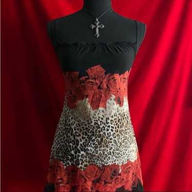 vintage y2k mesh rose and leopard print mini dress