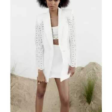 Zara White Embroidered Eyelet Blazer Jacket Size L