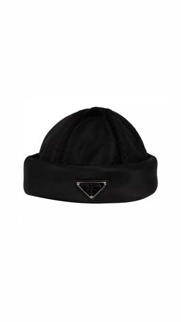 Prada Re Nylon Beanie Large Black Plaque Logo Cap