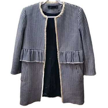 ZARA Houndstooth Pattern Coat with Ruffles Navy Bl