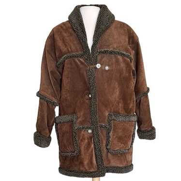 Vintage Suede Leather Coat Sherpa Faux Fur Brown S