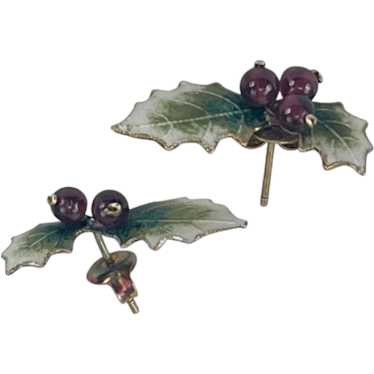 Vintage Enamel Holly Leaf & Berry Earrings Festive