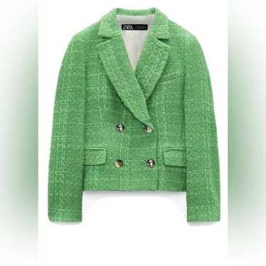 Zara ZARA- Textured tweed Cropped Blazer green