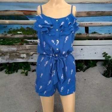 Seahorse Print Romper L Blue One Piece Ruffles Flo