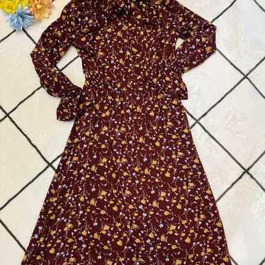 Flower Print Long Sleeve Dress Burgundy Majestic L