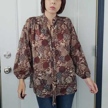 70s Sheer Brown and Blue Paisley Top