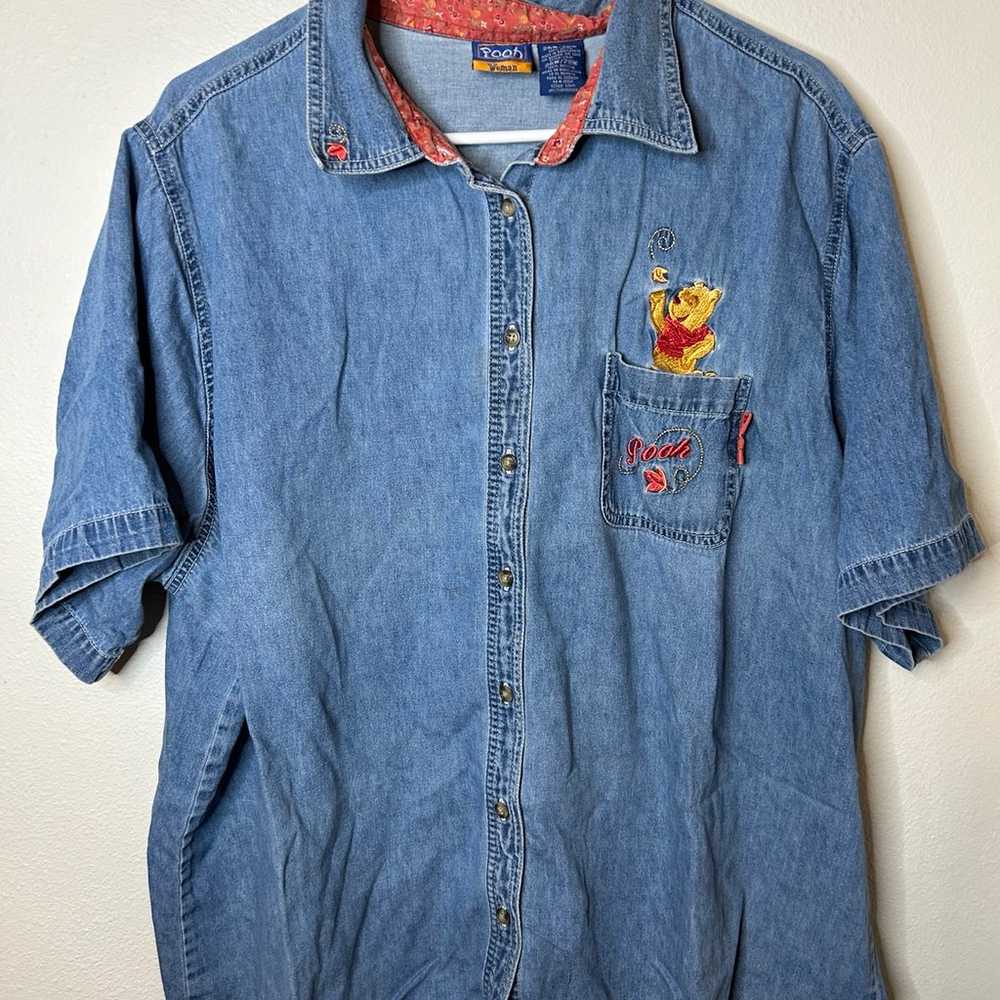 Vtg Disney Women Winnie The Pooh Blue Denim Button Up Shirt Embroidered Sz 26-28