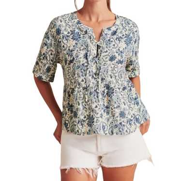 Faherty Salinas Lace Up Floral Linen Blouse Medium