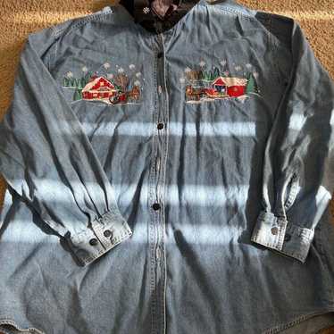 Vintage Christmas embroidered denim plus size shir