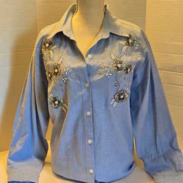 Vintage Beaded Embroidered Western Shirt XL Blue B