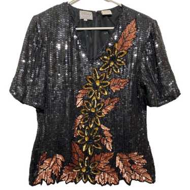 Vtg STENAY Blouse Women Size L Silk Sequined Black