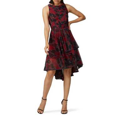 HALSTON Red Black Floral Printed Tulle Hourglass S