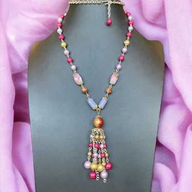 Vintage Japan Pink Purple Gold Plastic Beaded Tass