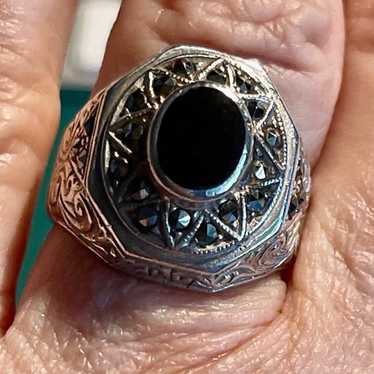 Vintage Black Onyx and Marcasite Sterling Silver R