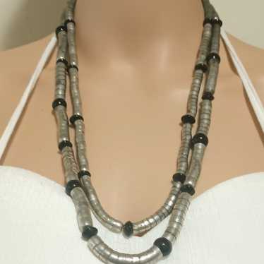 Layered Stacked Metal Chain and Black Beaded Neckl