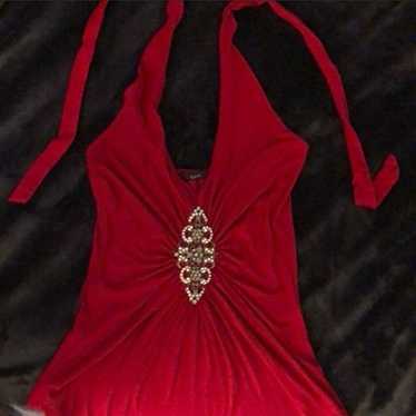 Red rhinestone halter broach top shirt y2k